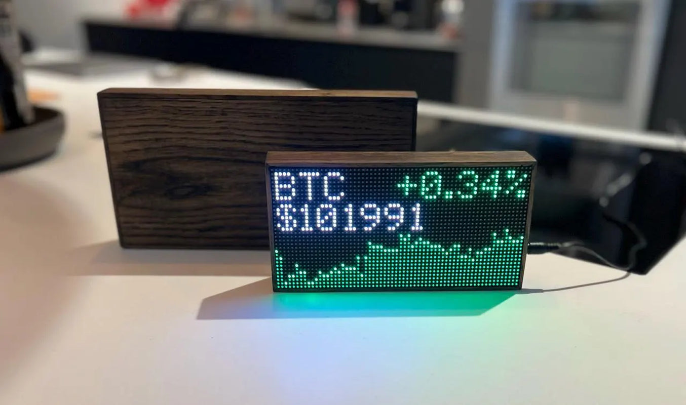 Handcrafted Cryptoak Ticker Series LED Cryptocurrency Displays in Premium Oak Wood