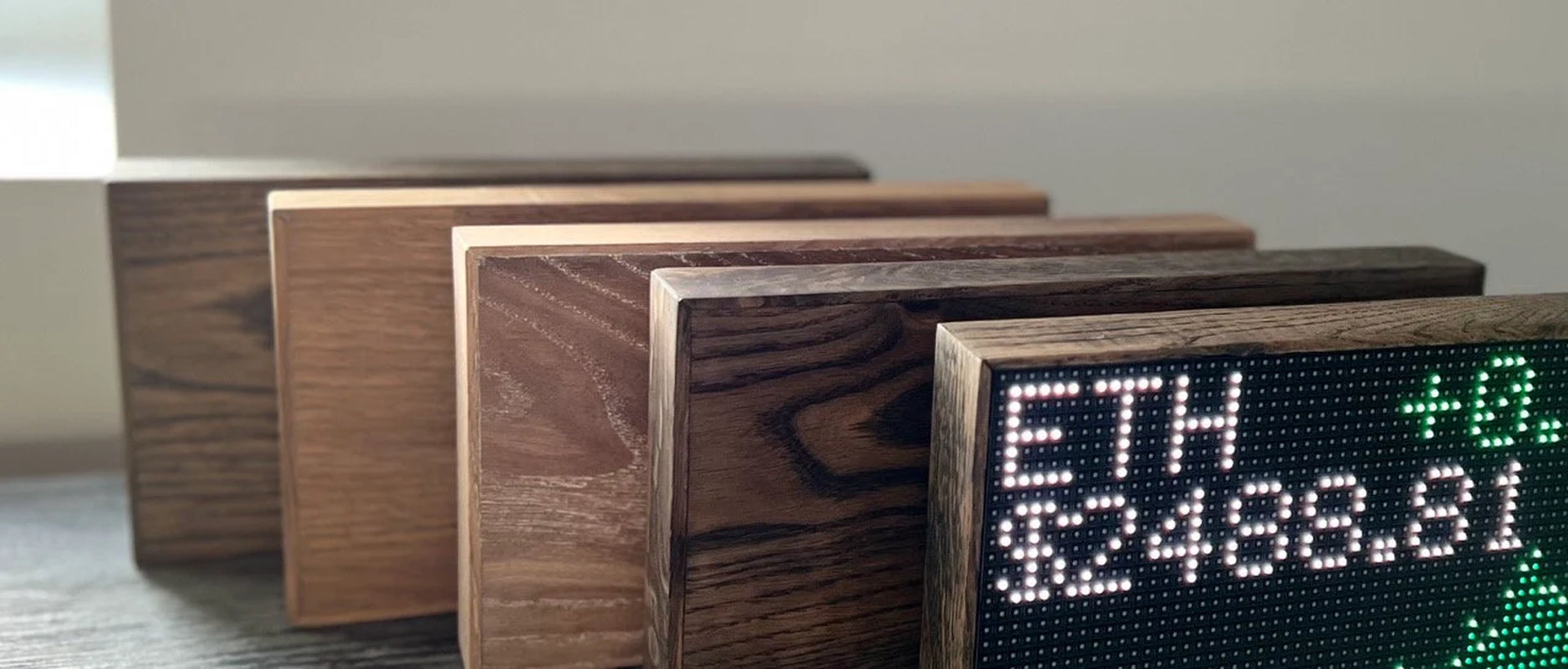 Handcrafted Cryptoak Ticker Series LED Cryptocurrency Displays in Premium Oak Wood